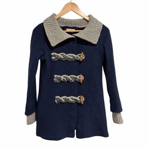 Anthropologie Fiets Voor Wool Navy Coat with Knit Gray Accents & Buttons Boho